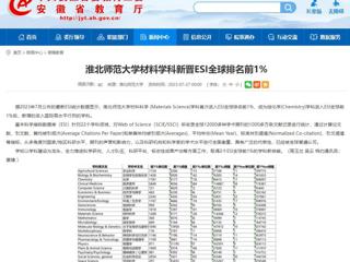 安徽教育网：淮北师范大学材料学科新晋ESI全球排名前1%